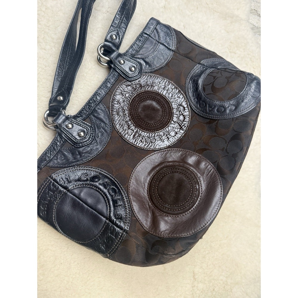 VTG Coach Y2K Circle Patchwork Tote East West Leather Purse Brown Jacquard Bag